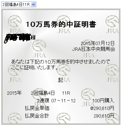 七夕賞２０１５-１０万馬券証明書